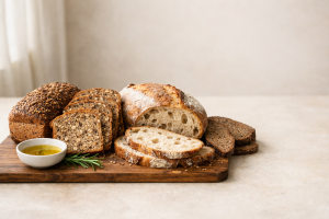 Assortment of healthy breads on a wooden board—whole-grain, seeded multigrain, sourdough and rye—styled with herbs and olive oil on a neutral background.