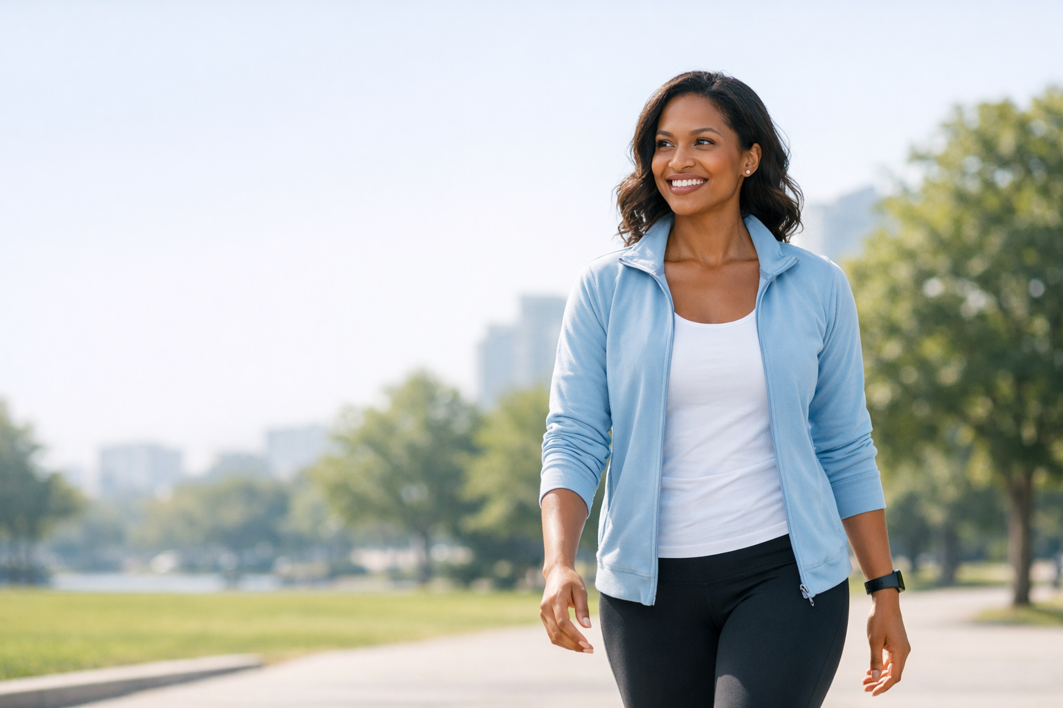 A person walking outdoors in a modern park setting, representing enjoyable movement and healthy living.