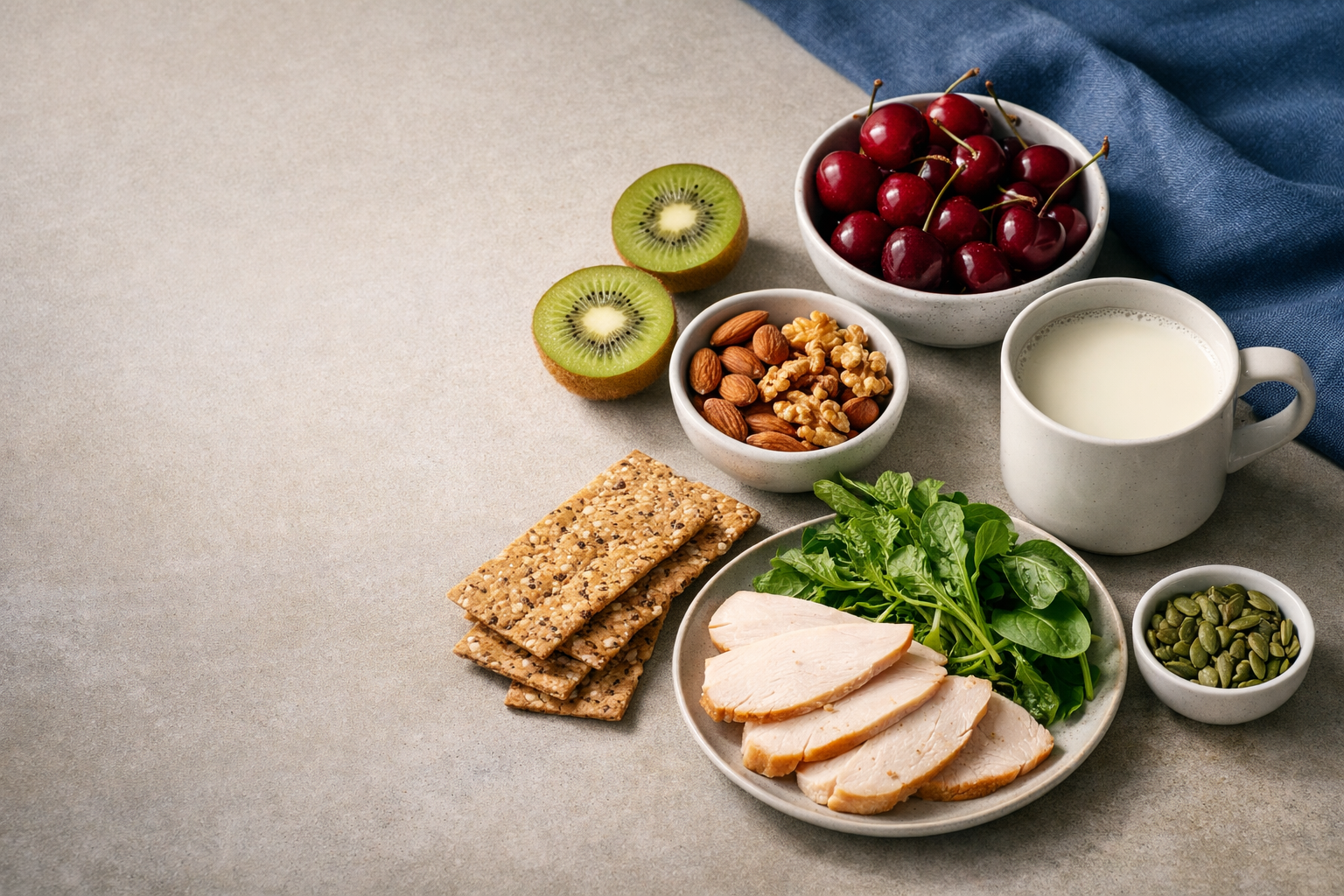 Flat-lay of sleep-supportive foods — cherries, kiwi, nuts, milk, turkey and whole grains — on a neutral background with space for headline text.