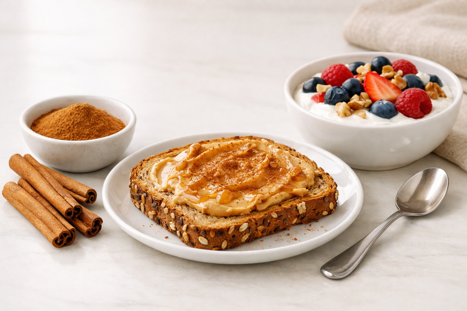 Healthy cinnamon recipe scene with cinnamon sticks, cinnamon powder, seed bread with peanut butter and honey, and Greek yogurt topped with berries and nuts.