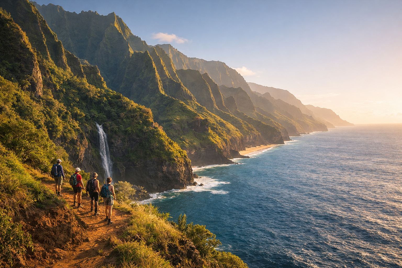 Wide editorial view of the Na Pali Coast and Kalalau Trail at golden hour, hikers walking the cliffside path above the ocean and a distant beach below.