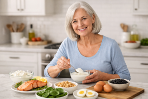 Active older adult preparing a protein-rich meal in a bright modern kitchen.