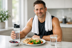 A fit person after a workout with a balanced meal showing protein, carbs, and vegetables.