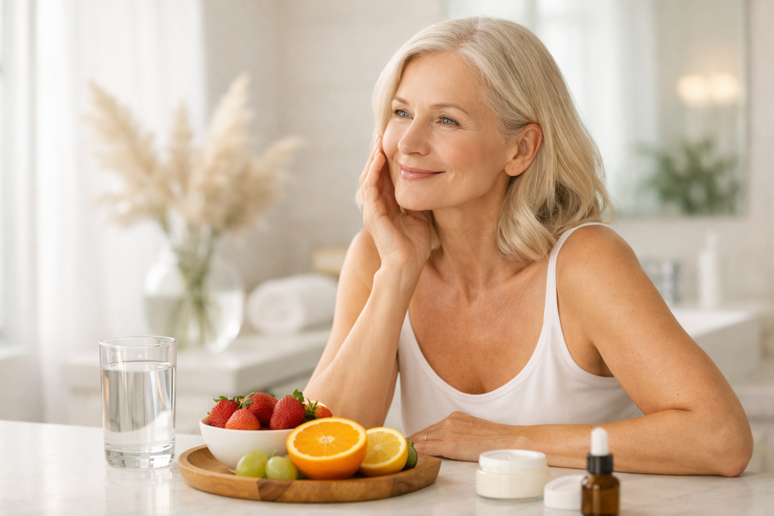 A modern wellness scene with water, fresh fruit, and a person caring for healthy skin naturally.