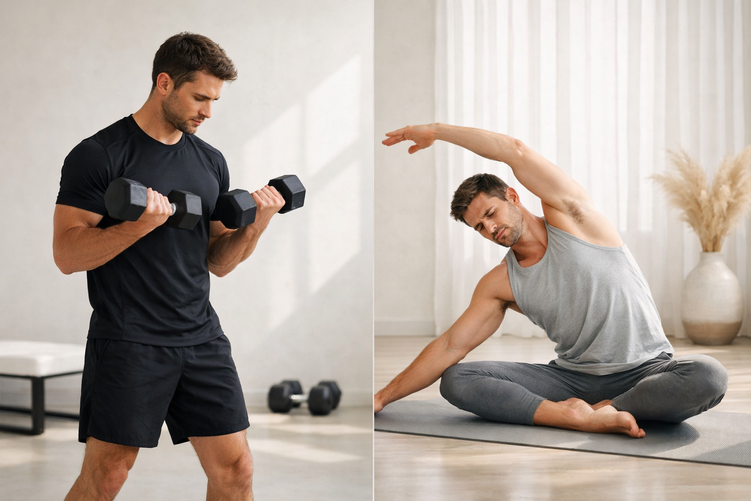 Adult alternating between resistance training and yoga to support recovery and flexibility.