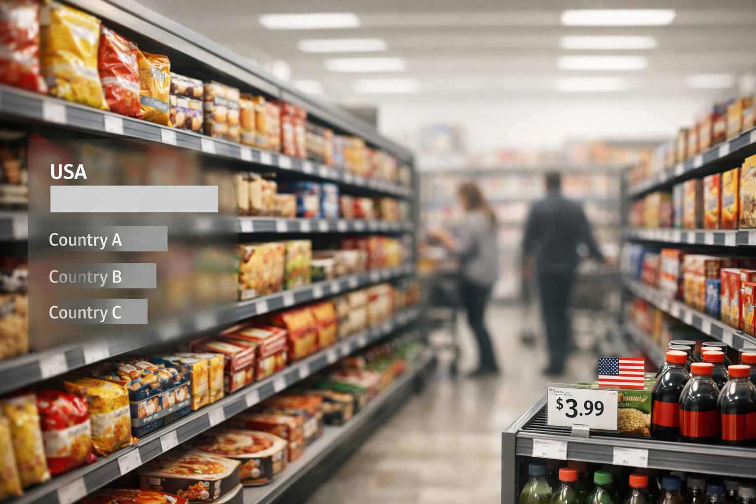 Editorial-style supermarket aisle filled with packaged ultra-processed foods, with a subtle bar chart overlay showing higher U.S. consumption than other countries.
