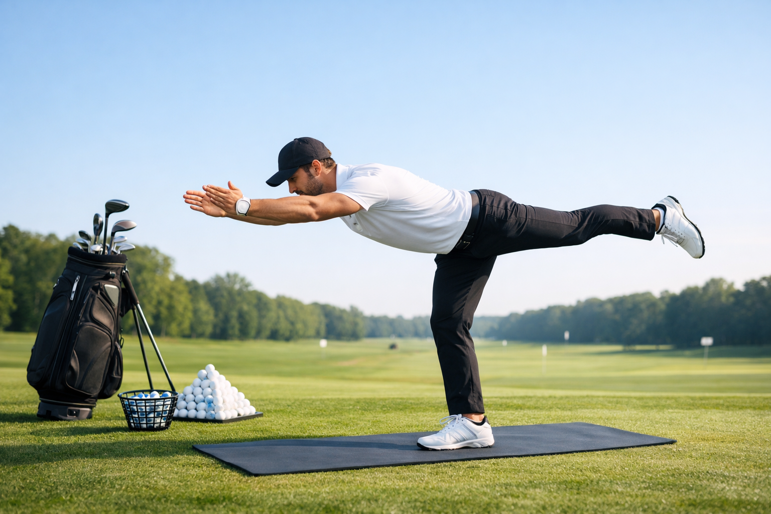A golfer doing a yoga stretch beside golf clubs on a practice green to improve swing mobility and control.