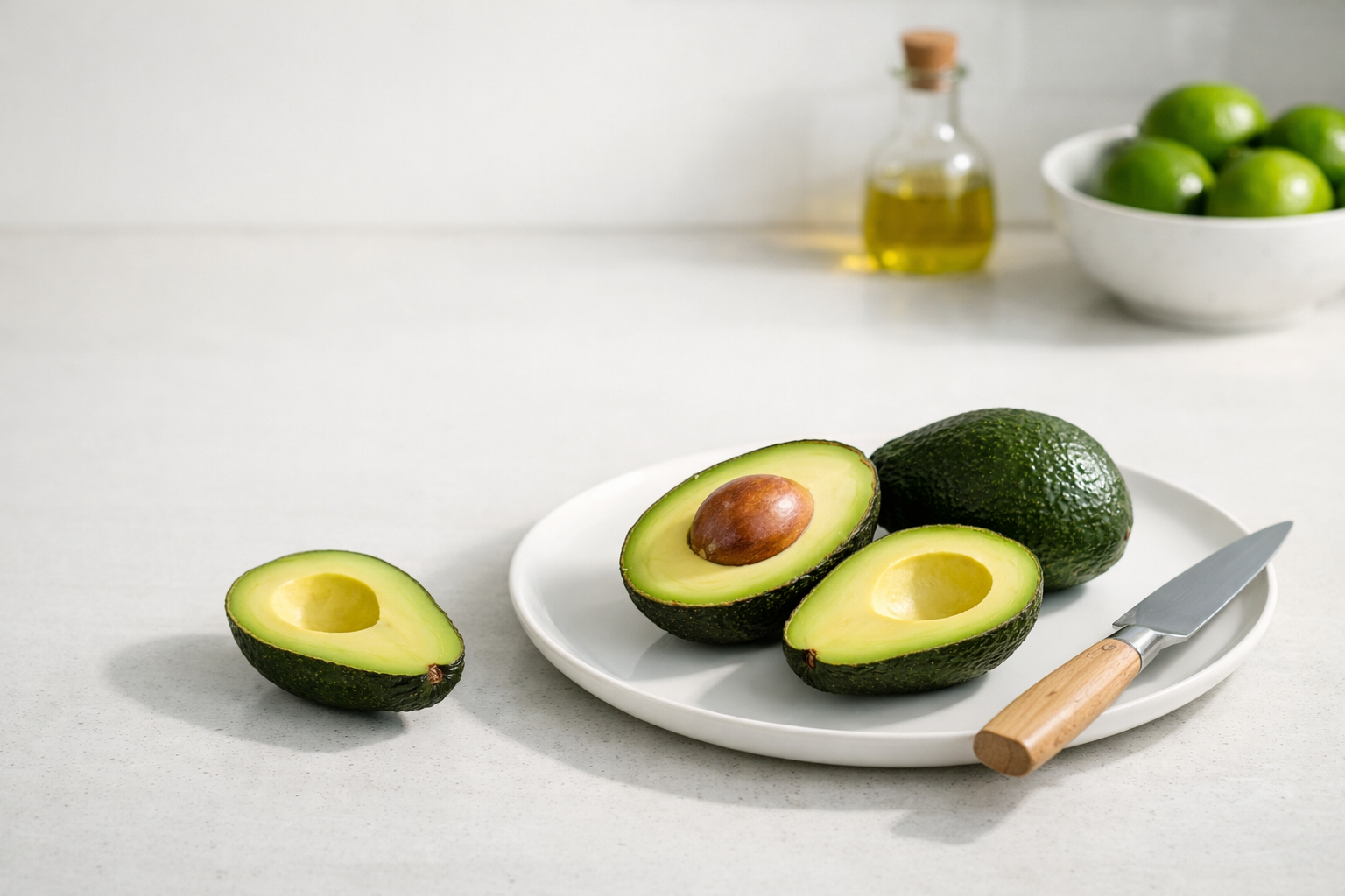 Fresh avocados styled in a clean modern kitchen setting.