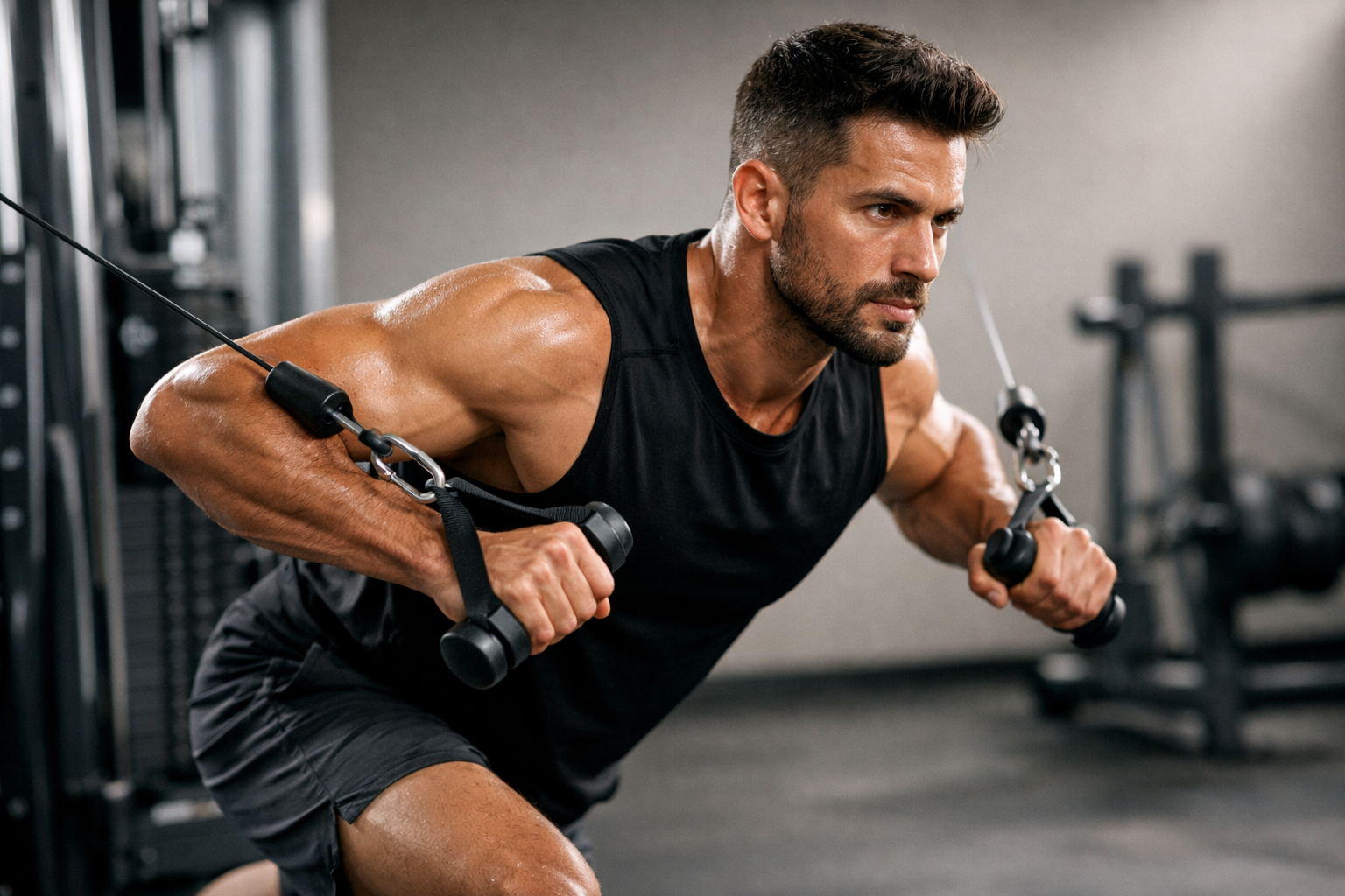 Athlete performing resistance training at a varied angle in a modern gym