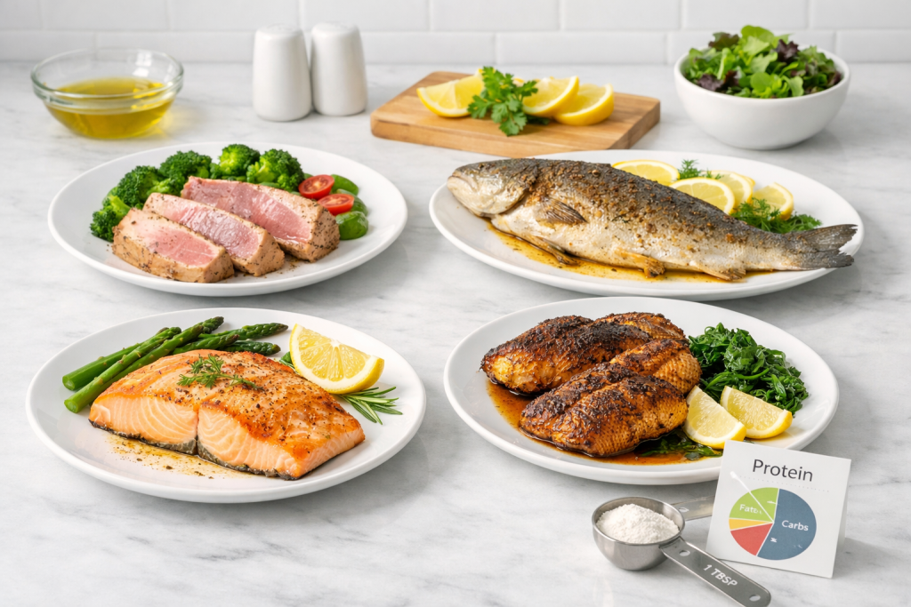 A modern editorial image showing salmon, tuna, trout, and catfish arranged as a healthy high-protein meal.