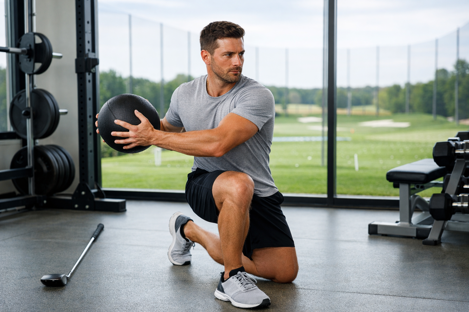 Golfer performing strength training in a modern gym to improve golf performance.