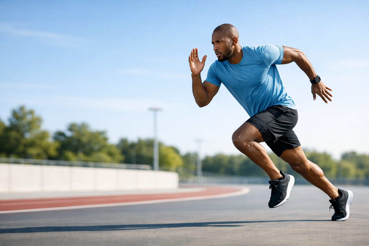 A fit adult sprinting outdoors on a track in a clean editorial-style fitness image.