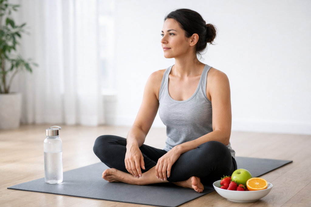 A focused person visualizing their fitness and healthy eating goals in a modern, bright setting.