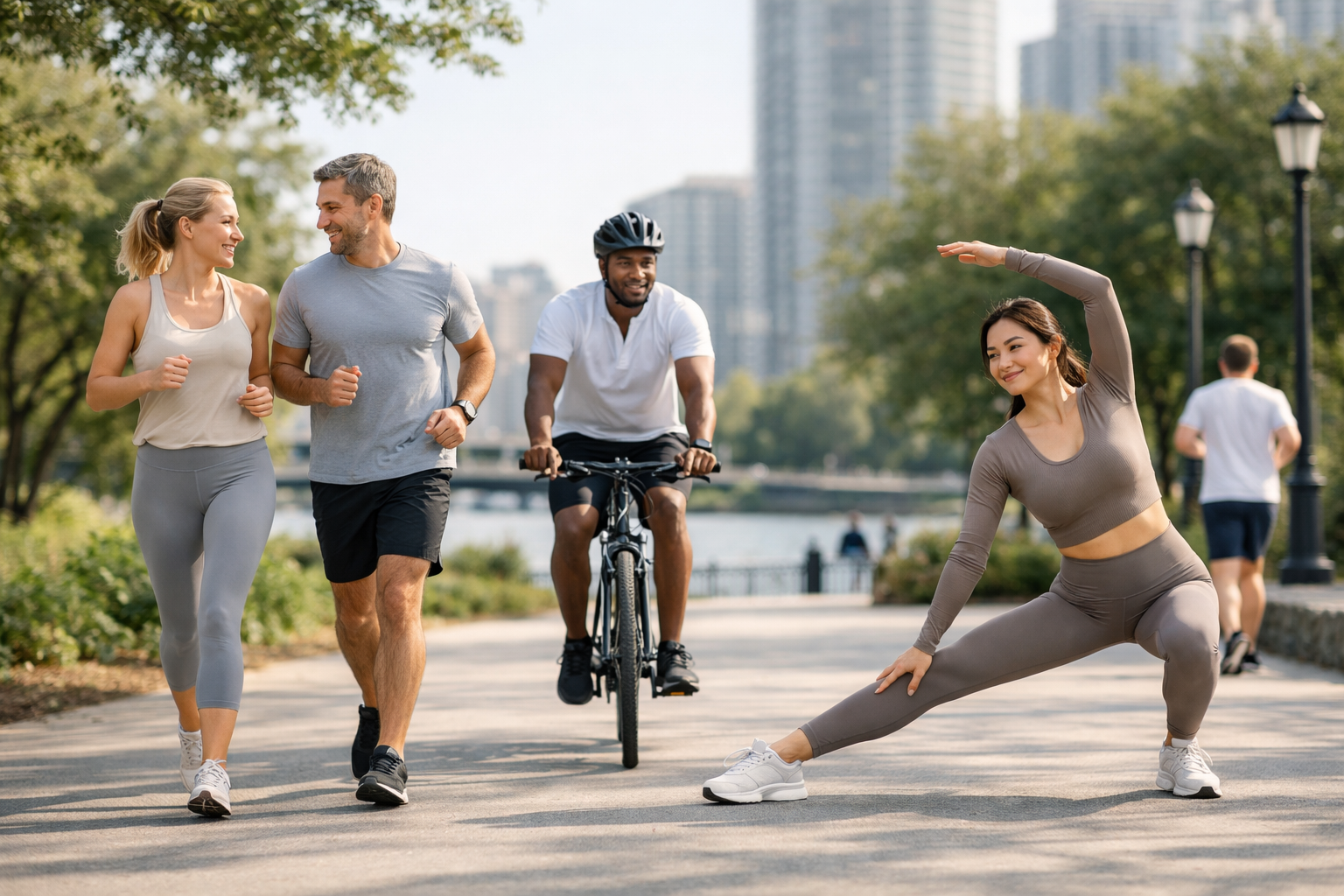 Modern editorial scene showing people exercising through walking, running, cycling, and stretching in a bright park.