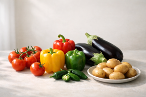 Assortment of nightshade vegetables including tomatoes, peppers, eggplant, and potatoes on a clean surface.