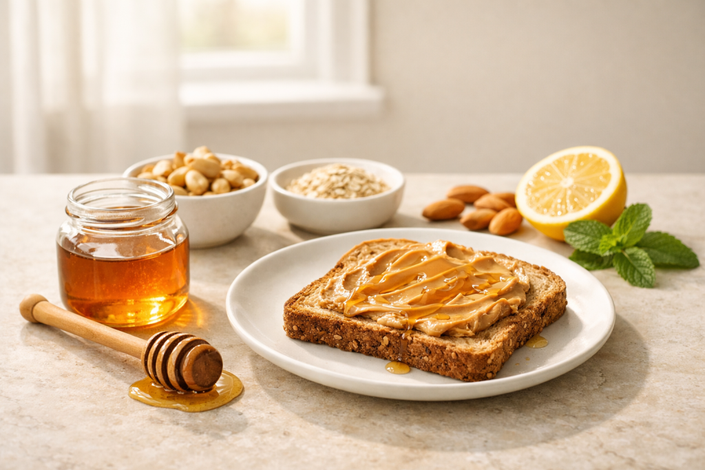 A jar of honey with a honey dipper and peanut butter toast drizzled with honey on a clean kitchen counter.