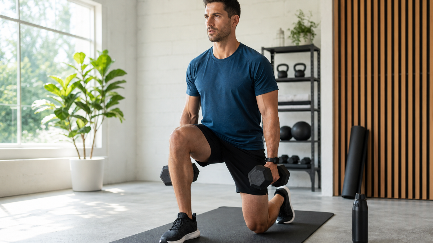 Adult doing a simple strength workout with dumbbells in a clean bright fitness space