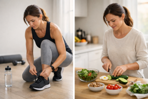 A focused person preparing to exercise in a bright modern setting, representing commitment to healthy habits despite negative thoughts.