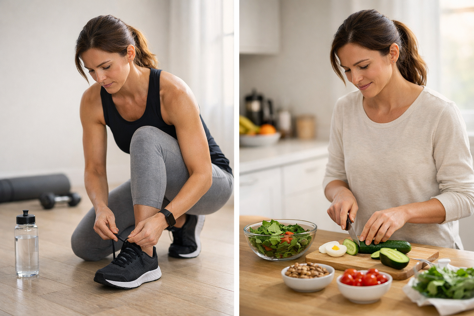 A focused person preparing to exercise in a bright modern setting, representing commitment to healthy habits despite negative thoughts.