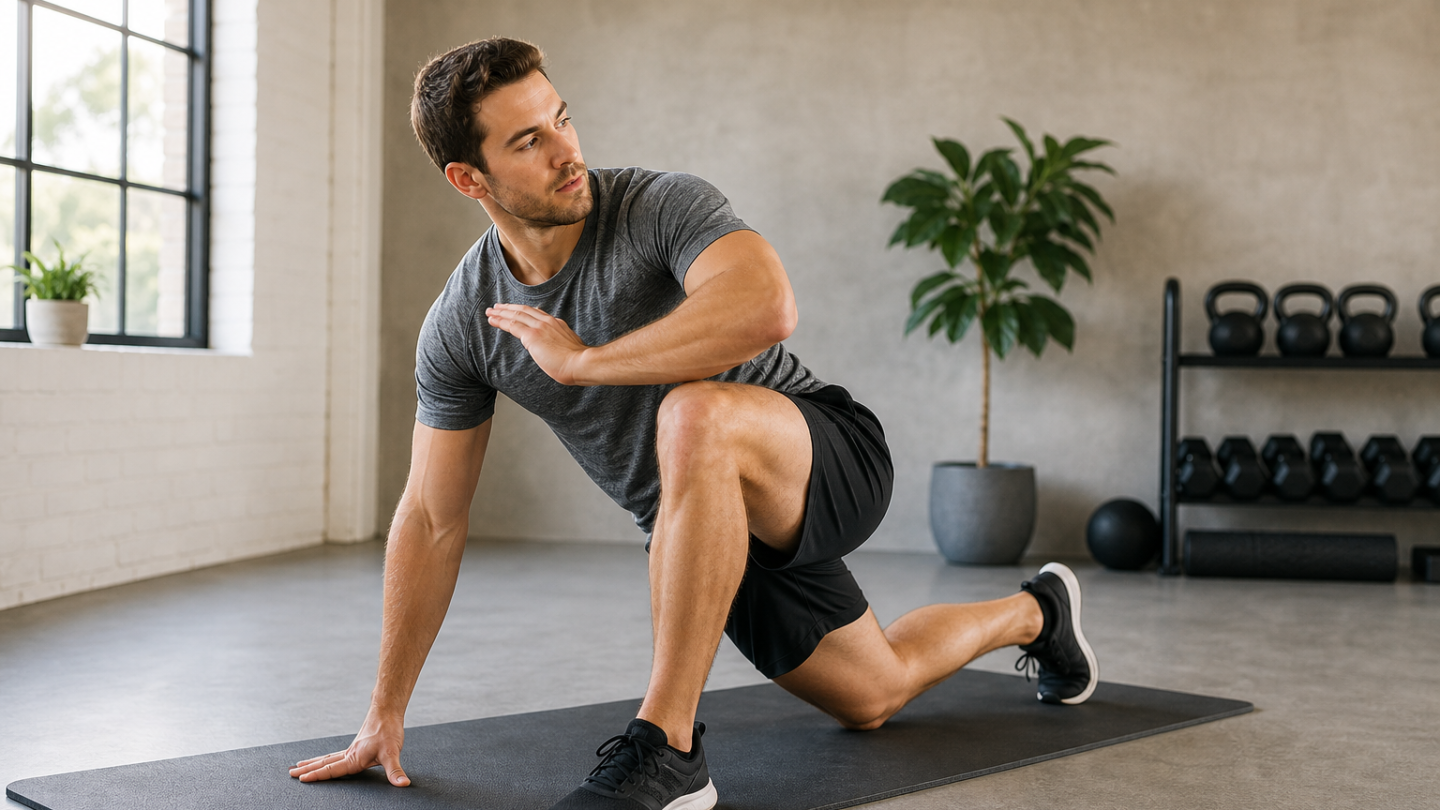 Adult doing a controlled mobility warm-up stretch in a bright training space