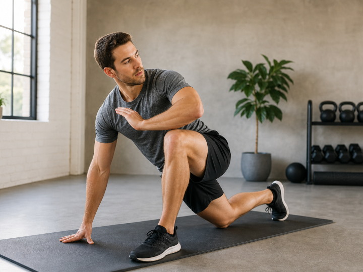 Adult doing a controlled mobility warm-up stretch in a bright training space