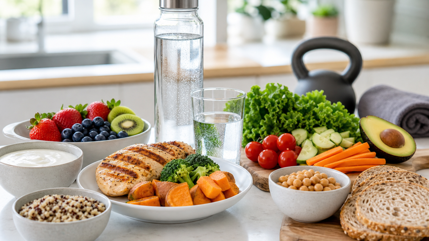Balanced workout nutrition with protein foods fruit vegetables and water