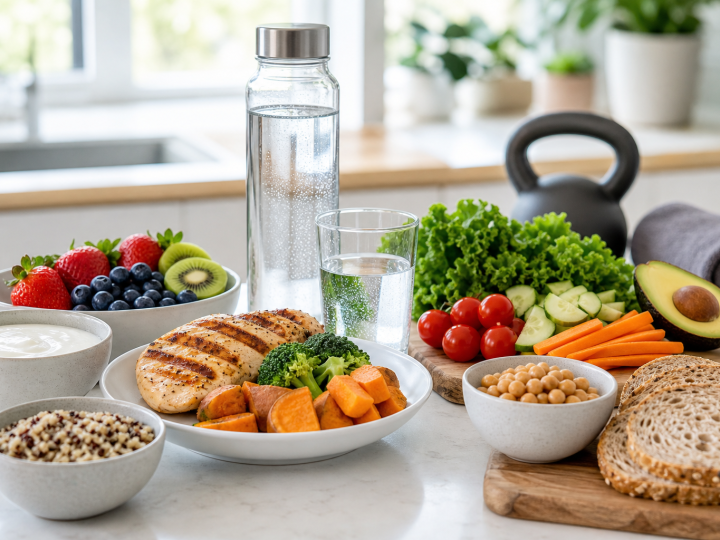 Balanced workout nutrition with protein foods fruit vegetables and water
