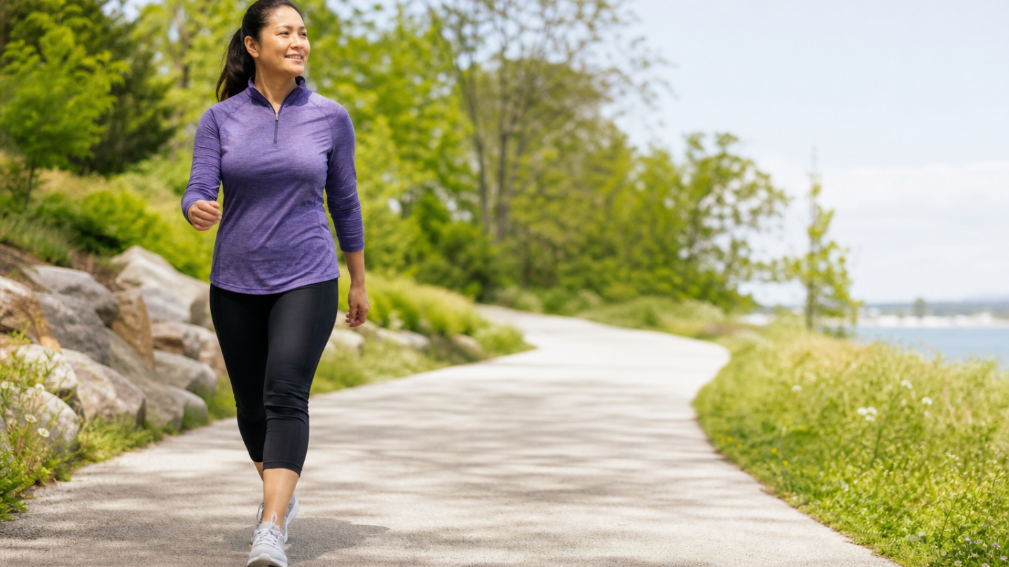 Adult walking outdoors on a clean bright path for everyday fitness